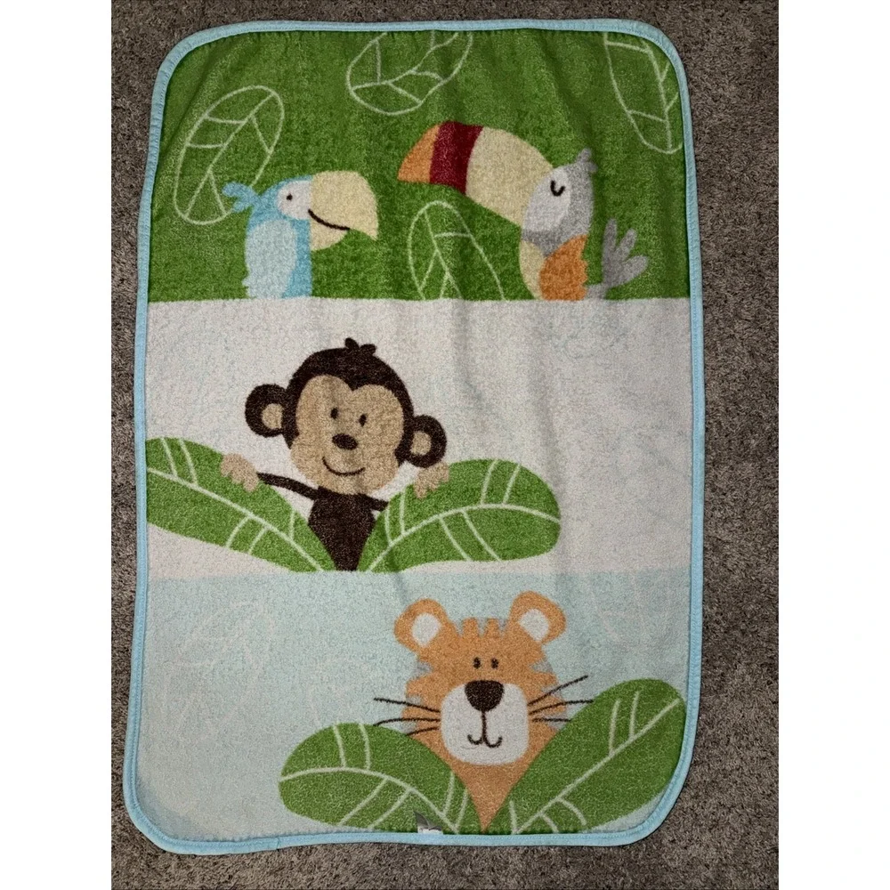 Garanimals Toucan Tiger Monkey Baby Blanket Blue Green Jungle Safari Throw 30x45